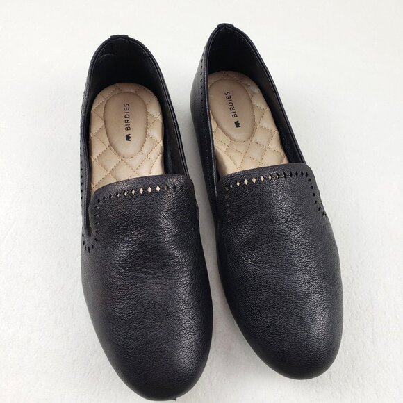 Birdies Starling Leather Loafer Flat Women 8 Black Laser Cut Slip On Casual Shoe - Picture 1 of 13